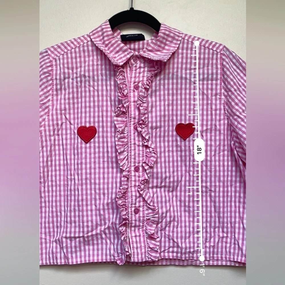 LAZY OAF gingham pink with hearts button up cropped shirt | SIZE L - Picture 8 of 9